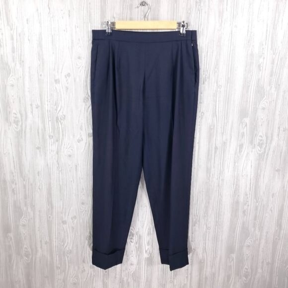 The Row Virgin Wool Silk Trouser Pant Cuffed Pleated Navy Blue - Picture 2 of 5